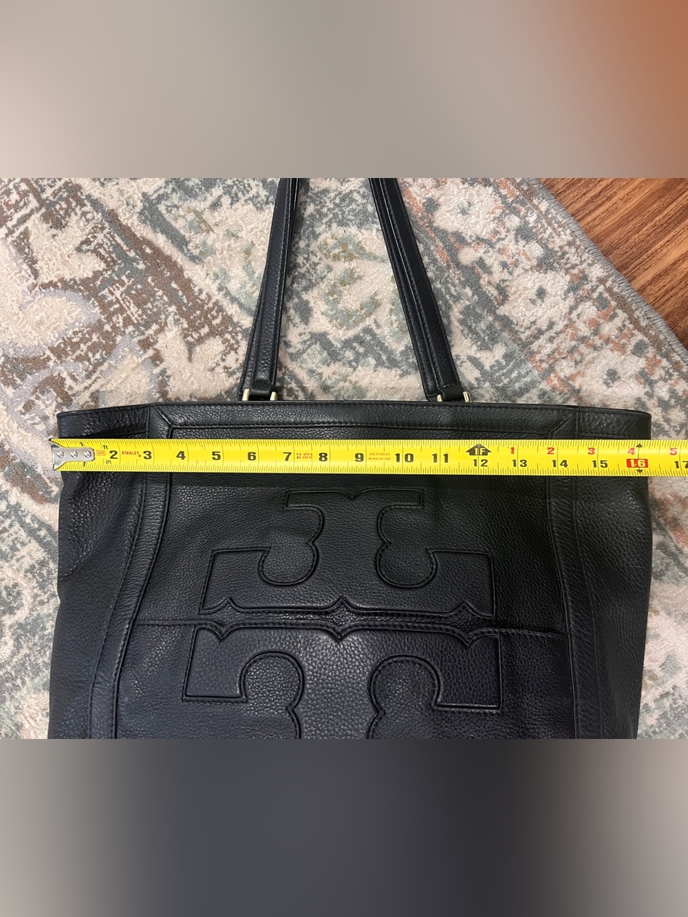 Tory Burch Black Pebbled Leather Logo Tote with Double-T Appliqué - Picture 5 of 8